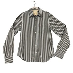 Hollister Shirt Mens Medium Gray Striped Long Sleeve Button Up Logo Casual